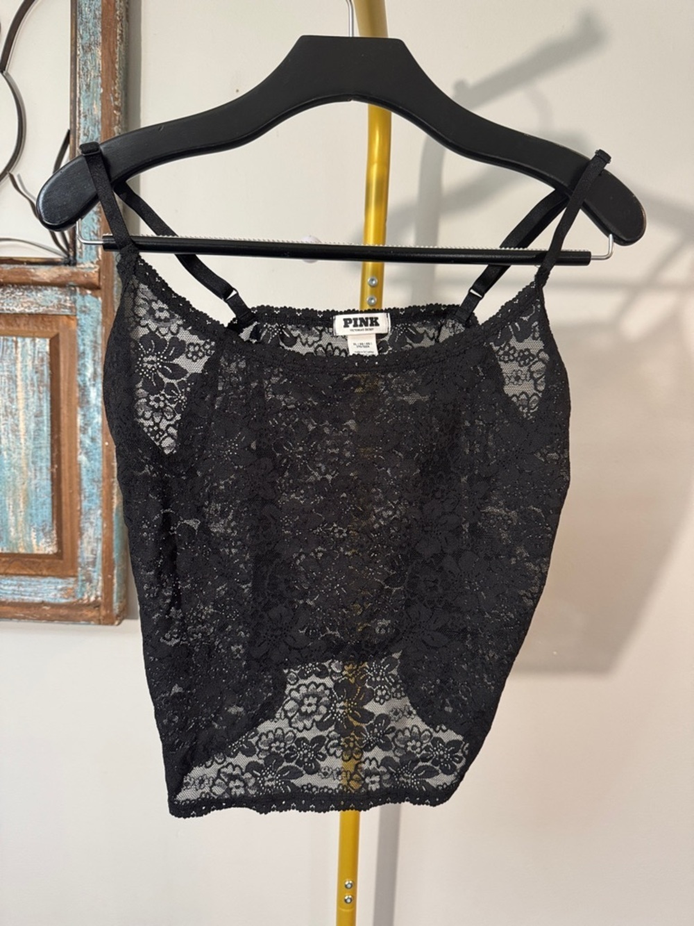 PINK Victoria's Secret Black Floral Lace Cami tank EUC XL